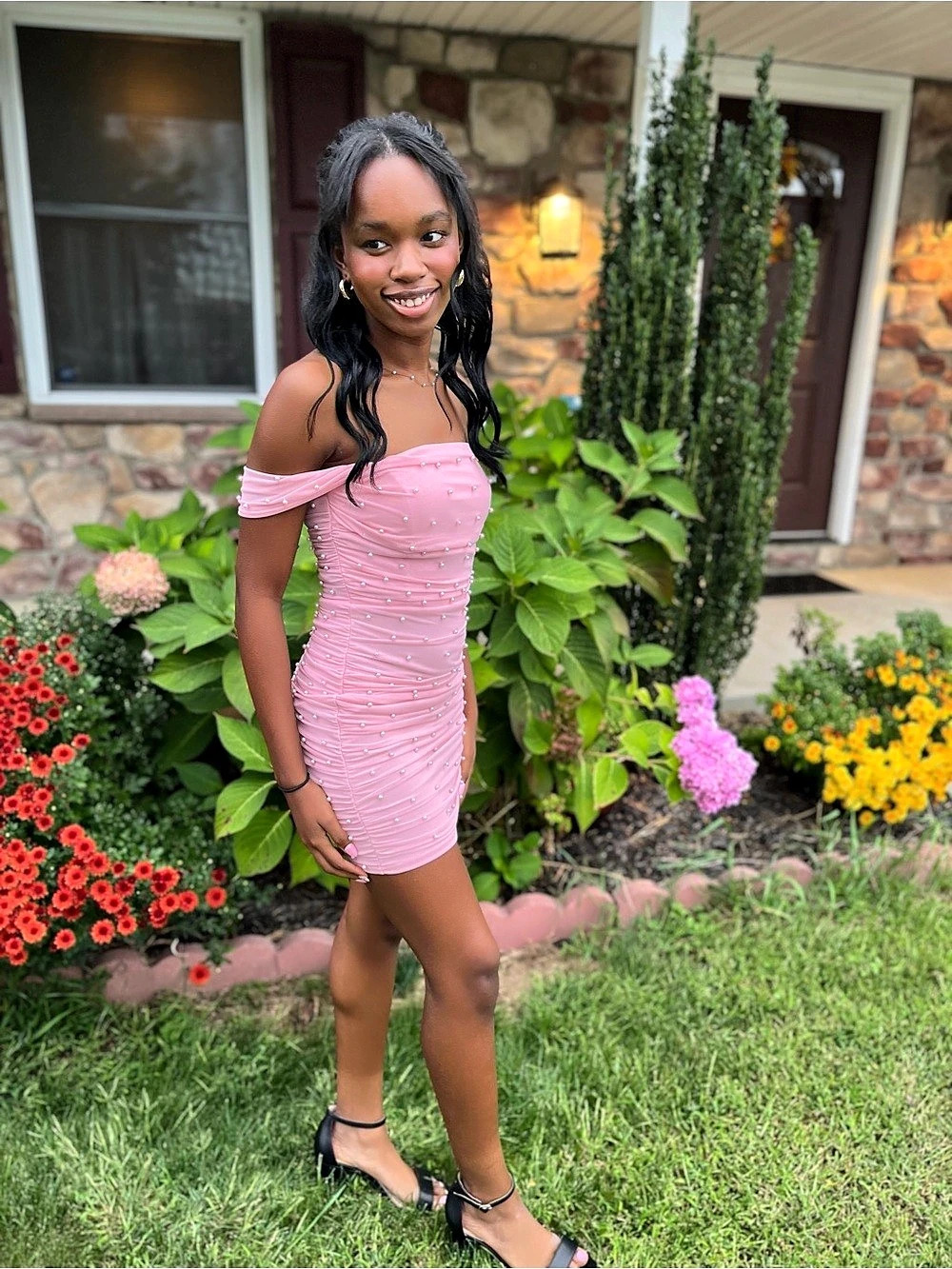 Pink Ruched Off-Shoulder Mini Dress Like New - Picture 3 of 3